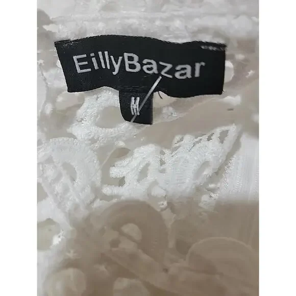 EILLY BAZAR White Guipure Lace Size M Women's Dress Flounce Sleeve NEW #C - Picture 8 of 10
